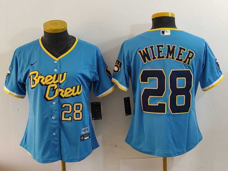 Women%27s Milwaukee Brewers #28 Joey Wiemer Blue 2022 City Connect Cool Base Stitched Jerseys